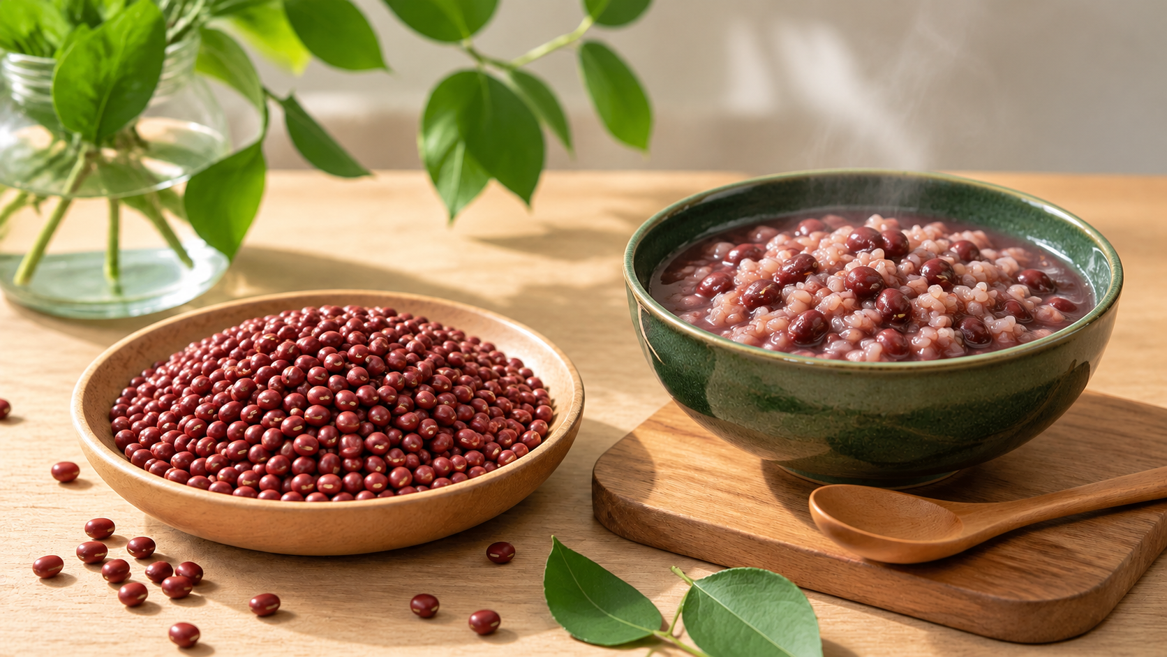 Dry small red beans and fully cooked bean rice in a green ceramic bowl on a warm wooden table