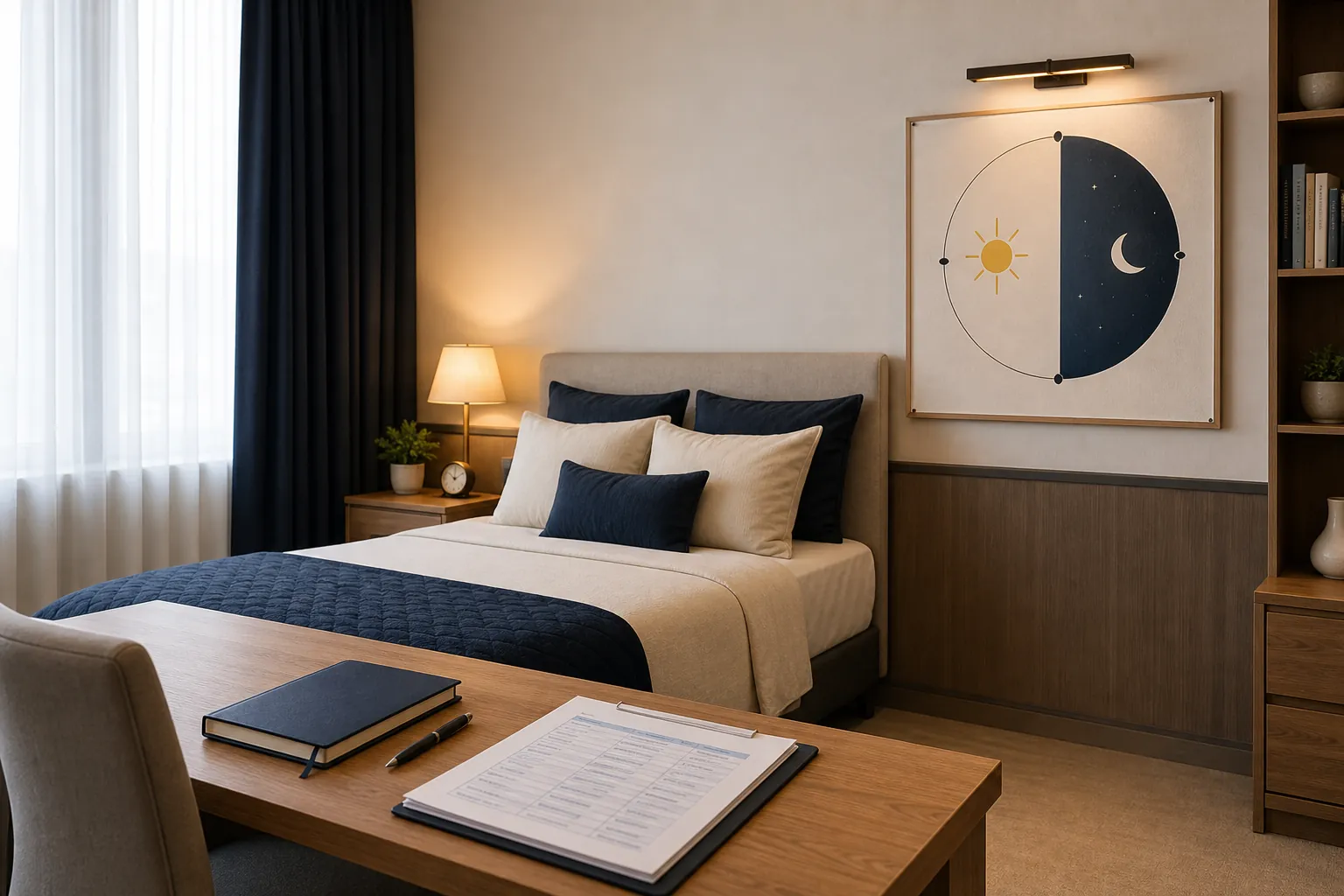 A professional sleep education studio with a demonstration bed and circadian learning materials