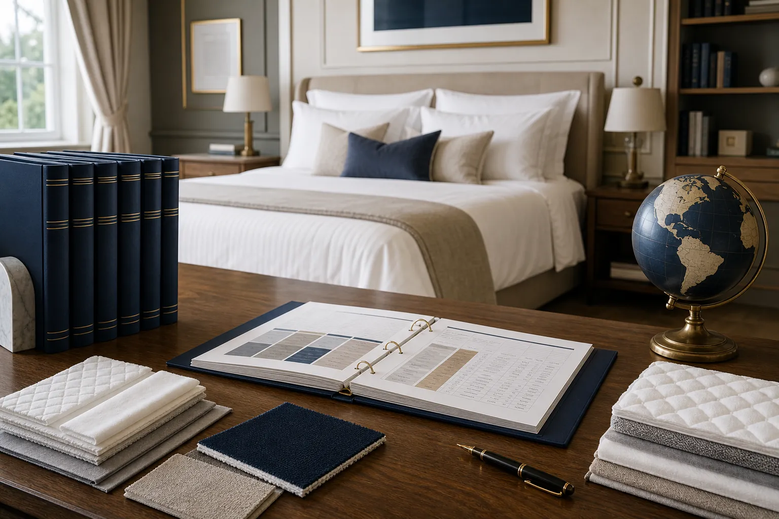 Sleep products, standards documents and a globe arranged for industrial classification work